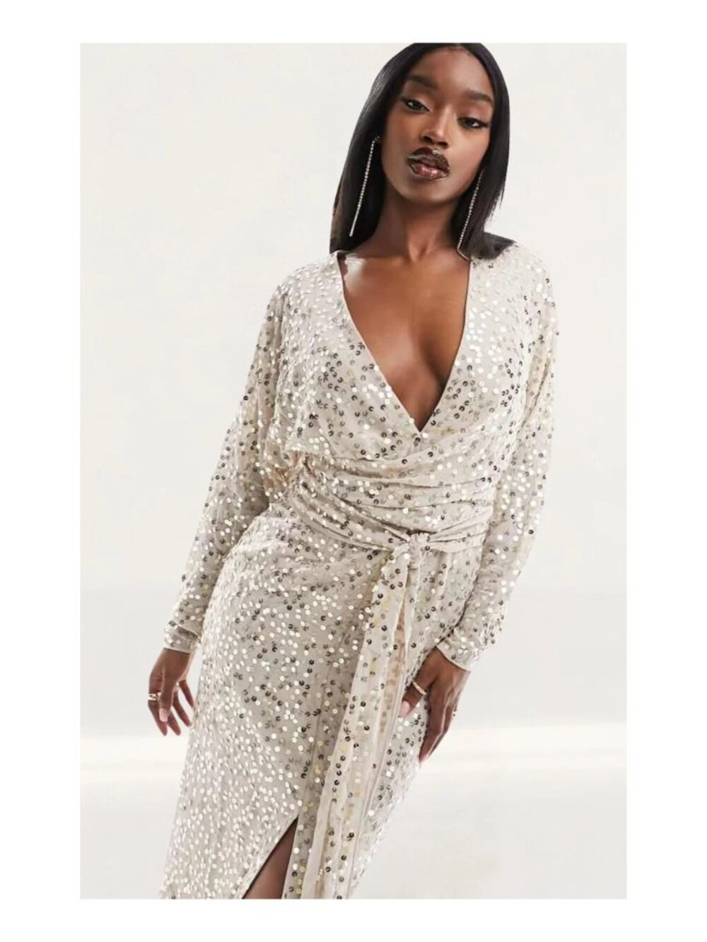 NWT ASOS DESIGN Sequin Batwing Sleeve Wrap Waist Midi Dress Beige 6 - Picture 5 of 6